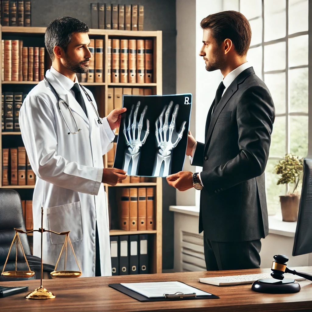 Doctor handing an X-ray to a lawyer in a law office setting, symbolizing medical evidence review for a lawsuit related to bone loss or medical side effects.