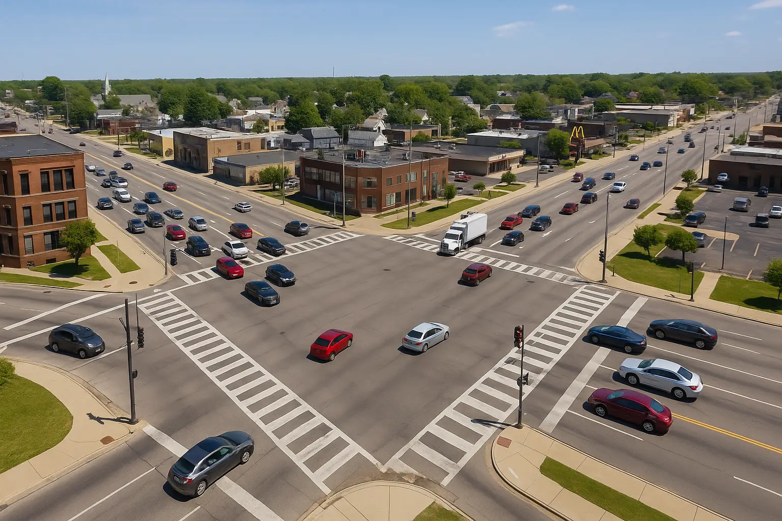 Aerial view of a busy intersection in Rockford, Illinois with cars and traffic lights.